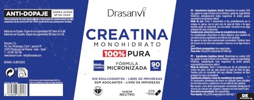 Miniatura 7 de Drasanvi Creatina Monohidrato 100% Pura en Comprimidos, 270 Unidades