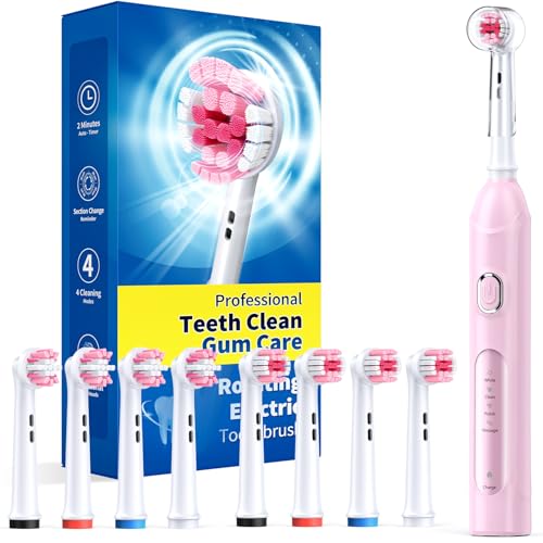 Rotating Electric Toothbrush for Adults with 8 Brush Heads (2 Types), 4 Modes Deep Clean Electric Toothbrush with Rechargeable Power and 2 Min Smart Timer Pink