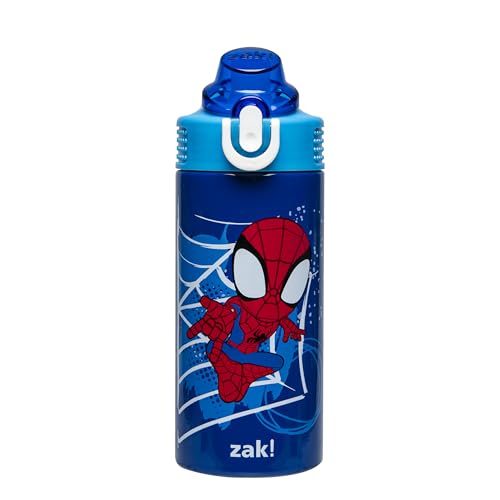 Image of Zak Designs Marvel Spider-Man Sage Kids Water Bottle For School or Travel, 14oz Stainless Steel Water Bottle With Straw, Handle, and Leak-Proof, Pop-Up Spout Cover (Spidey and His Amazing Friends)