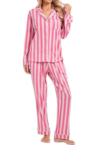 Image of LUBOT 100% Cotton Pajamas for Women Pajama Set 2 Piece PJ Sleepwear Set Soft Ladies Button Knit Long Sleeve Loungewear XS-XXL