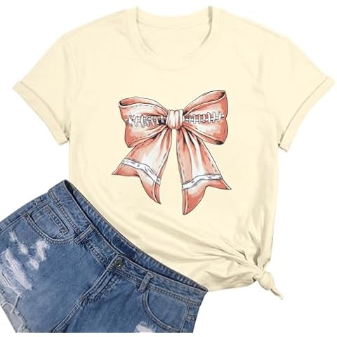 FASHGL Game Day T-Shirt Women Football Mom Shirts Funny Coquette Bow Tee Casual Sunday Funday Short Sleeve Tops Apricot Cover