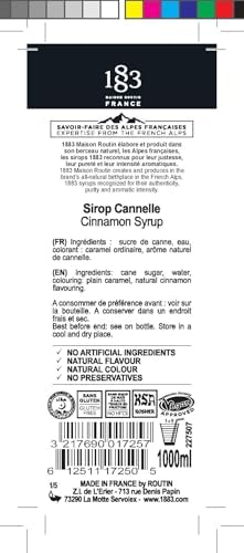 1883 Cinnamon Syrup with Pump for Hot & Cold Drinks - 1 Liter 33.8 Ounces