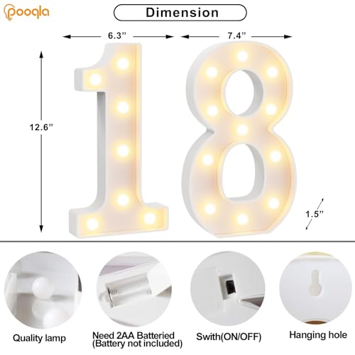 Image of Pooqla 18th Birthday Decorations for Girls Boys, Large 12.6 in Tall Light Up Numbers for 18th Party Decorations Table Decor, Big Marquee Numbers 18th Birthday Gift for Girls Wedding Anniversary Decor