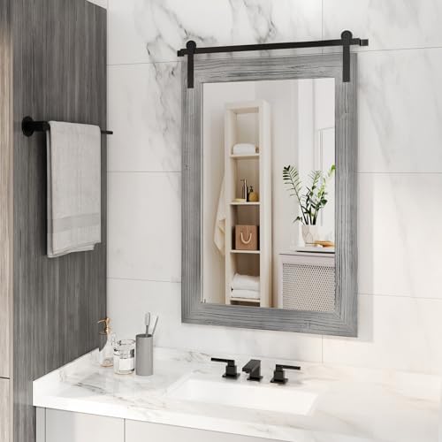 Image of COGOOD Farmhouse Barn Door Mirror - 25 x 38 Rustic Bathroom Mirror for Living Room, Entryway, Vanity Wall Decor (Grey)