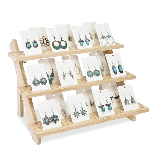 MOOCA Wooden 3-Tier Earring Card Display, Riser Stand, Tabletop Ladder-Style Earring Organizer Rack Jewelry Card Holder Max.75 to 125 Earring Card, Retail Showcases, Oak Color, 15.6W x 11.8D x 10.5H