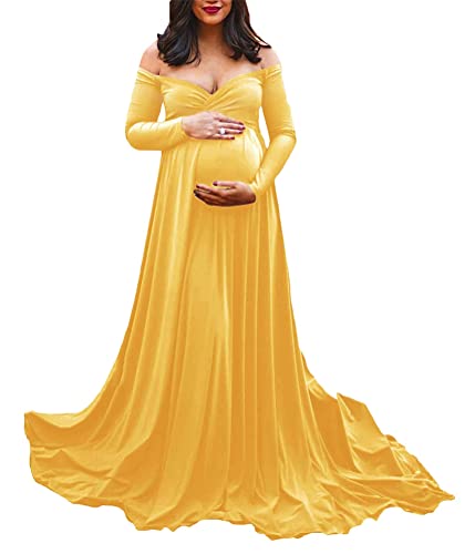 ORANDESIGNE Mujer Premamá Vestido Elegant Maternidad Foto Shoot Maxi Vestido de Fiesta Ceremonia Manga Larga Vestidos D Amarillo L