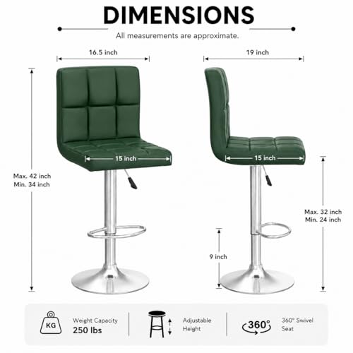 Image of Kemon KaiMeng Modern Adjustable Swivel Bar Stool Chair with Backrest, PU Leather Hydraulic Counter Stool with Footrest for Kitchen Island, Cafe & Home Bar, Green, Square Tufted Back Stool