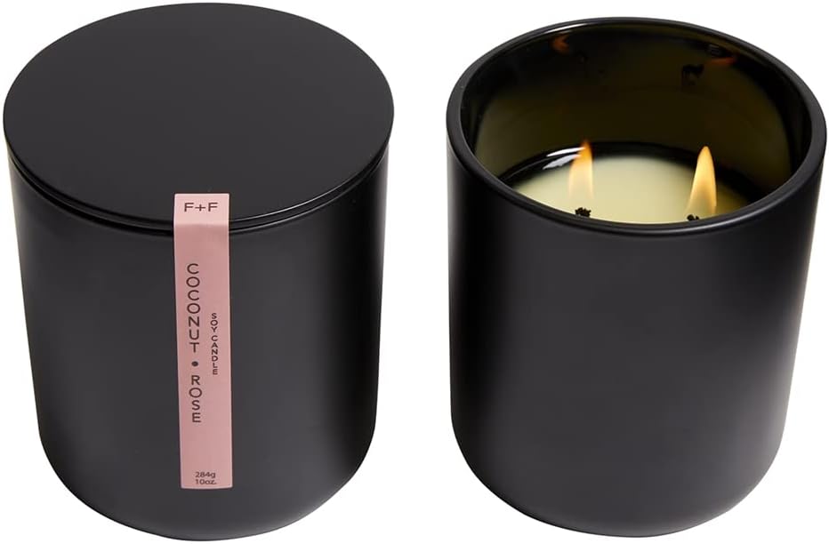 Field + Fleur by Hillhouse Naturals 2 Wick Candle in Black Glass w/Lid – Notes of Green Citrus, Jasmine, Lush Flowers and Coconut. Burn Time 50+ Hours – 10 oz (Coconut Rose)