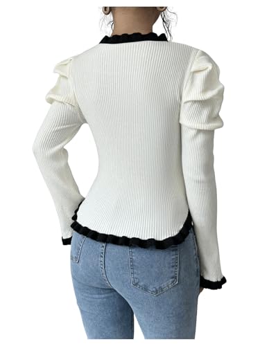 Image of SweatyRocks Women's Elegant Sweater V Neck Long Puff Sleeve Knitted Pullover Tops Beige Medium