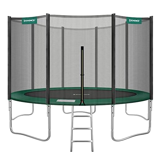 SONGMICS Cama Elástica de 427 cm (14 Pies), con Red de Protección, Certificado TÜV Rheinland GS, Cubierta de Muelle, Escalera, Capacidad Carga 150 kg, para Patio Jardín, Negro y Verde Oscuro STR141C01