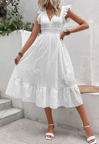 Image of chouyatou Women's Summer Flutter Sleeve Embroidery Eyelet Lace Dress V-Neck A-Line Beach Sun Dress
