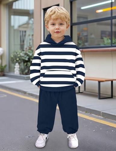 NECIOUS 3t Boy Clothes 4t Toddler Boys Clothes 2 Piece Fall Winter Toddler Sweatsuit Outfits Blue Striped Sweatshirt Tops Pants Clothing Sets4