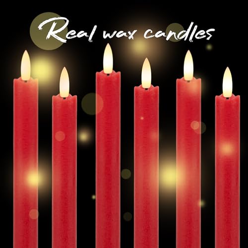 Image of Red Flameless Taper Candles with Remote, Real Wax Battery Operated Candles | Flickering Christmas LED Candlesticks with 3D Wick, 0.78 x 9.64 In, Xmas Decor for Home Table Fireplace Indoor Party, 6 Pack