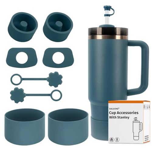 SALUOKE Cup Zubehör Set Enthält 2 Strohdeckel 2 Quadratische & 2 Runde Auslaufsichere Silikonstopfen 2 Silikonhüllen für Stanley Cups 2.0 1 2l & 850ml Becher Cup Nicht Enthalten (Blaue Fichte)