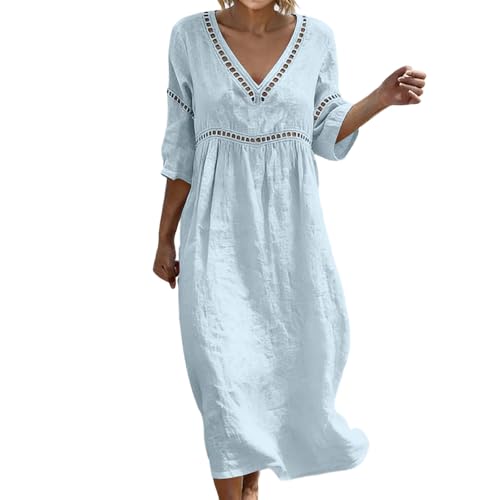 Summer Dresses for Women UK Ladies Summer Boho Dresses 2026 Bohemian V Neck Cotton Maxi Dress Fashion 3/4 Sleeve Itlian Sundress Casual Solid Loose Linen Dress Elegant Holiday Beach Sundress