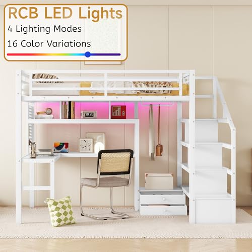Full Size Loft Bed with LED Light and Stairs, Metal Loft Bed Frame with Desk, Storage Drawers & Shelves, Hanging Rod, Gaming Lofts Beds with Charging Station for Adults Teens Kids Gamer, White