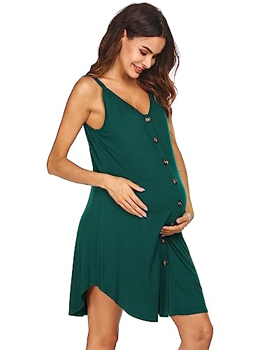 Ekouaer Nursing Nightgown Women's Maternity Dress Button Down Nightdress Sleeveless Breastfeeding Sleepwear Hospital Gown Dark Green