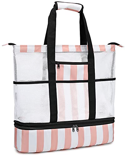 Mesh Beach Bag With Cooler Oversized Tote Bag 8 Pockets Zipper Beach Toy Bag Travel Picnic Gym Daily Stripe Shoulder #TOP7