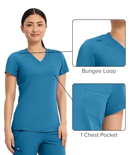 Image of Med Couture Women's V-Neck Scrub Top, Modern Fit Tuck-in Top with Stretchy Rib-Knit Shoulders and Chest Pocket - MC7448
