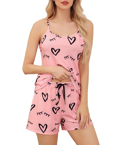 Image of Lovasy Pyjamas for Women 2 Piece Heart Print Sweetness Cami Pjs Set Short Pajama Lounge Set,Pink,M