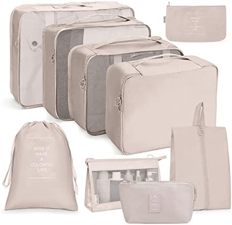 OSDUE Packing Cubes, 8 PCS Travel Organiser Packing Bags, Travel Luggage Packing Organizers, Waterproof Travel Essentials Bag Clothes Shoes Cosmetics Toiletries Storage Bags (Beige)