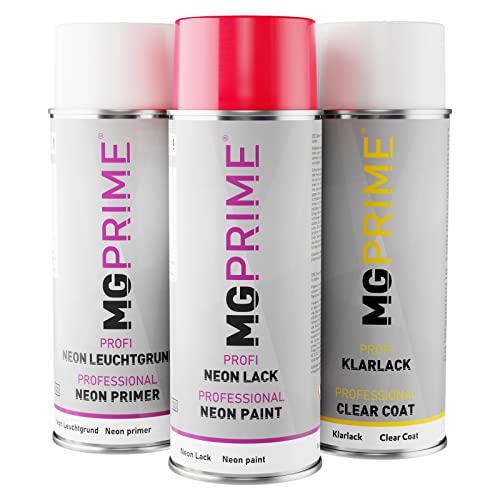 MG PRIME Neonlack Neonrot Spraydosen Set Fluoreszierend und hochglänzend 3 Sprühdosen Acryllack a 400 ml schnell trocknend Leuchtgrund Neonlack Klarlack