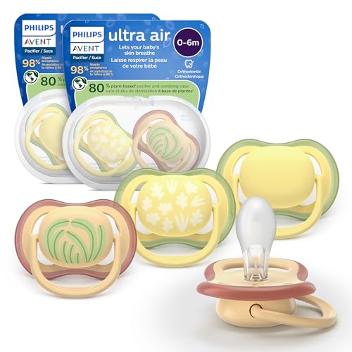 Image of Philips Avent Ultra Air Pacifiers - Orthodontic Design, for Babies 0-6 Months, Soft Silicone Symmetrical Nipple, BPA-Free, 2 Sterilizing Cases, 4 Pack, SCF087/21