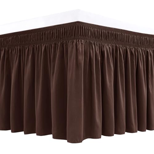 Biscaynebay Wrap Around Bed Skirts for Queen Beds 22" Long Drop, Brown Adjustable Elastic Dust Ruffles Easy Fit Wrinkle Resistant Silky Luxurious Fabric Machine Washable