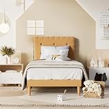 Cama acolchada de 90 x 200, cama de galletas con somier de láminas, con cabecera, cama joven, somier de láminas de madera, fácil montaje, cabecero ajustable en altura, terciopelo francés, marrón claro