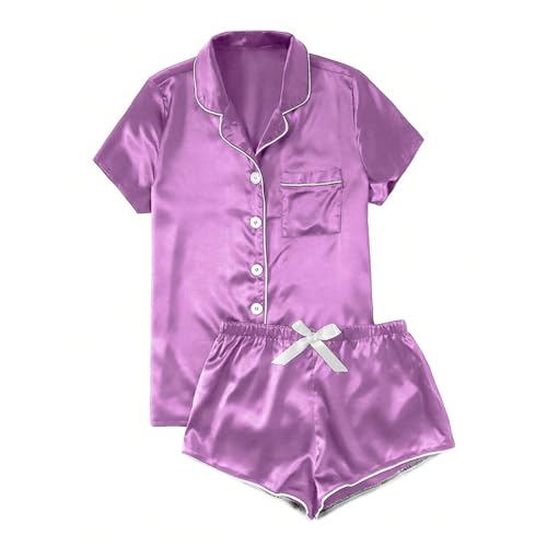 Generic Invite Only Deals Prime Silk Pajamas for Women Set Button down Short Sleeve Tops Shorts 2 Piece Pjs Set Comfy Cute Summer Sleepwear Loungewear Ropa De Dormir, Large, A01_purple