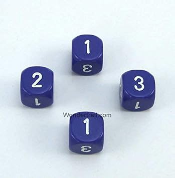 Purple Opaque Dice with White Numbers D3 D6 1-3 Twice 16mm 5/8in Pack of 4 Wondertrail