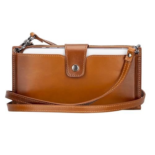 Lev Leather Hakiki Deri Kadın Cüzdan Çanta Askılı, Telefon Bölmeli, Kart ve Para Bölmeli, 12 Kart Yuvası, Fermuarlı Bölme, Çıkarılabilir Askılı Hakiki Deri Cüzdan Çanta (Rustik Taba)