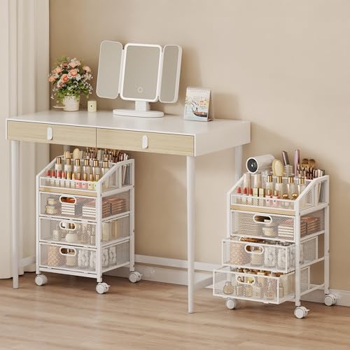 HapiRm Rolling Makeup Cart Organizer - Under Desk Makeup Storage with Wheels Floor Make up Cart Skincare Organizers Desk Vanity Storage Organizer Cabinet for Cosmetics Makeup Brush Hair Tool White