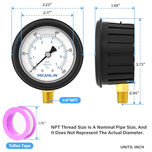 Image of MEANLIN MEASURE 0~100Psi Stainless Steel Liquid Filled Pressure Gauge 1 /4 inch NPT 2.5 inch FACE DIAL with Rubber Protective Sleeve, Lower Mount