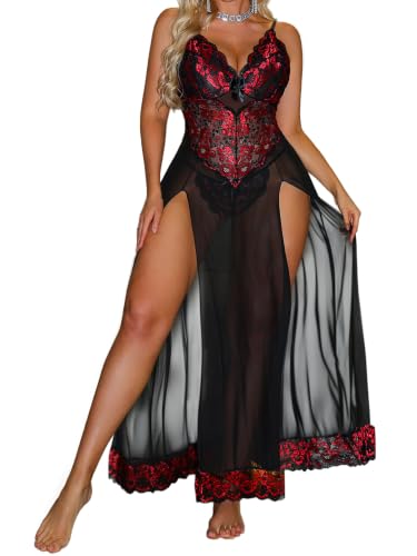 Image of Alrovetoney Plus Size Lingerie For Women Babydoll Sexy Mesh Maxi Nightdress Exotic Sleepwear Side Slits