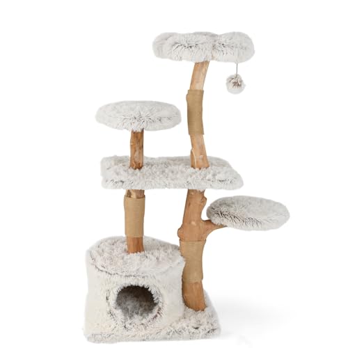 SOARS Kratzbaum Holz, Katzenbaum mit 2 natürlichen Birnbaumstämmen, Sitzplattform & Plüschflächen, Spielball, Katzenkratzbaum mit Juteseil,...