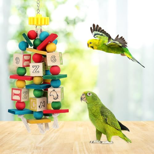 Image of Rypet Hanging Parrot Toys, Wood Rope Chew Blocks for Cockatiels Amazon