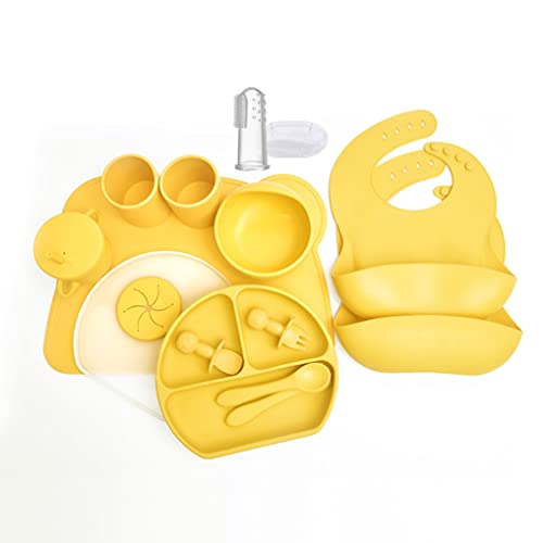 14 Pack Silicone Baby Feeding Set |Baby Led Weaning Set with Baby Plates and Bowls Set, Straw Sippy Cup, Bibs,Spoons, Forks,Tiny Cups,Finger Toothbrush,Placemat Self Feeding Eating Utensils(Yellow)