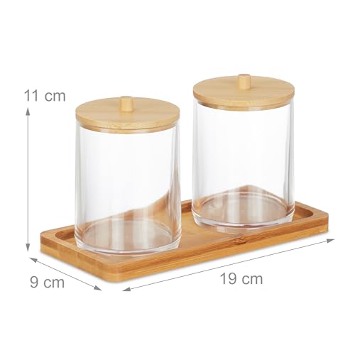 Relaxdays Bathroom Container Set, Tray, 2 Cups, Bamboo Lids, Cosmetic Organiser, 11 x 19 x 9 cm, Transparent/Natural - Image 4