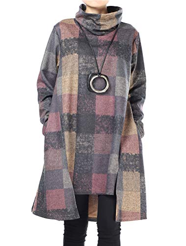 FTCayanz Women's Long Sleeve Tunic Tops Turtleneck Plaid Midi Dresses with Pockets Purple XX-Large