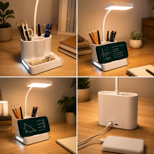 Image of SaleOn X1 Pro Desk Lamp Hub with 3 Pencil Holders, Mobile Stand, 3 Color Modes, Stepless Brightness, Dual Touch Control, Bottom Night Light, USB Powered Study Lamp for Kids & Office, 6 Month Warranty