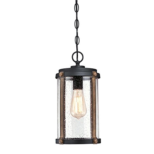 Westinghouse 6358900 Armin One-Light, Textured Black Finish with Barnwood Accents and Clear Seeded Glass OUTDOOR PENDANT,