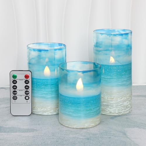 Image of Blue Flickering Flameless Candles with Remote - Glass Battery Operated LED Pillar Candles for Beach /Coastal Theme Wedding Decorations (Set of 3)