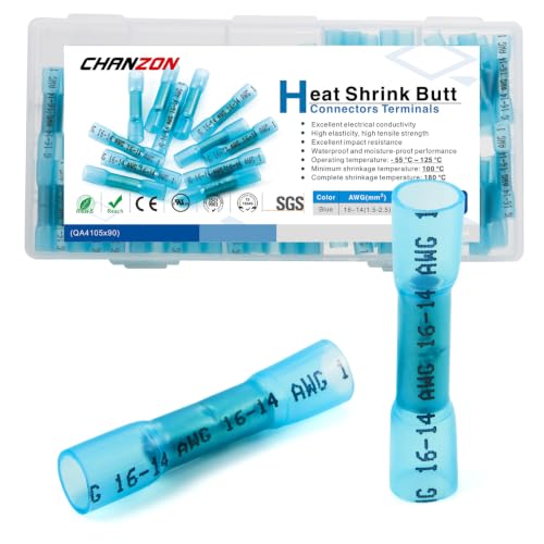 Chanzon 90pcs UL Recognized Heat Shrink Butt Connectors 16-14AWG Gauge Blue