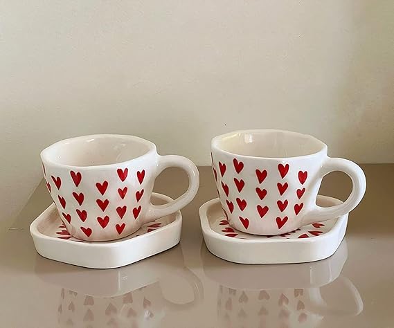 EARTHYSTONE Ceramic Handpainted Heart Mug, Coffee, Cup, Tea,Shaped Cup | Birthday Gift | (Cup&Saucer RED Heart (Pack of 2))