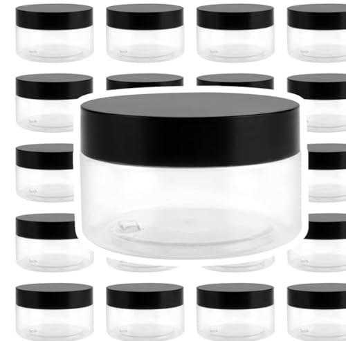 PUCSIQ Lote de 24 tarros de plástico PET de 100 ml, transparentes, con tapa negra, 7,1 x 4,2 cm, herméticos, para cosméticos, dulces, especias