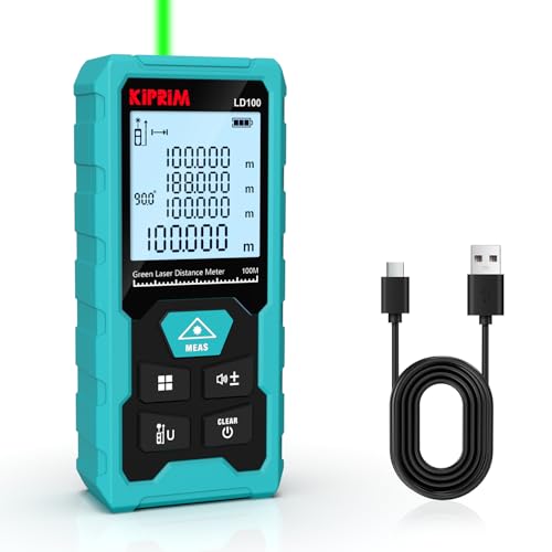 Kiprim Laser-Entfernungsmesser Grün, 100 m Digitales Messgerät mit USB-Typ-C-Akku, ±2 mm Genauigkeit, Elektronische Libelle, 10 Messmodi, Klasse II Laser, Reflektorplatte, LD100