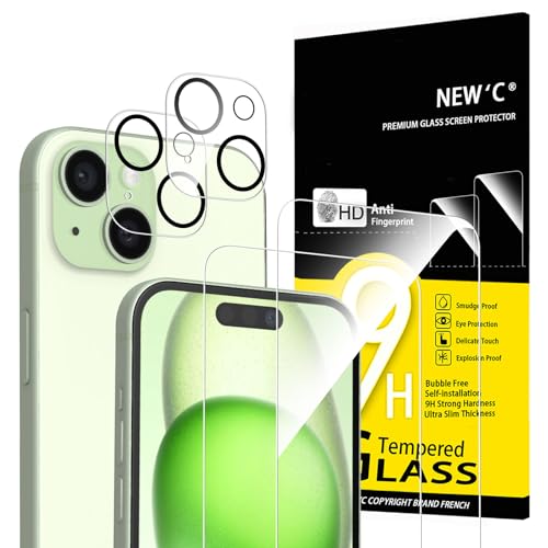 NEW'C 4 Pezzi, 2 x Pellicola Vetro Temperato per iPhone 15 (6,1") e 2 x Pellicola Vetro Protettiva Fotocamera Posteriore per iPhone 15 (6,1")-Ultra Resistente - Vetro Durezza 9H