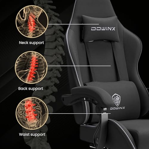 Dowinx Gaming Chair – Massage Cushion, Breathable Fabric, Ergonomic Design with Footrest, 360° Swivel, Adjustable Neck & Lumbar Pillow for Back... - Image 4