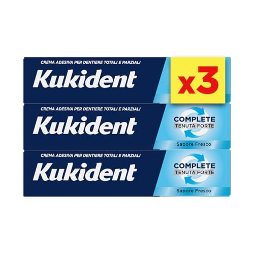 Kukident Complete Crema Adesiva per Protesi Dentali Totali e Parziali, Tenuta Forte, Sapore Fresco. Confezione da 3x35g